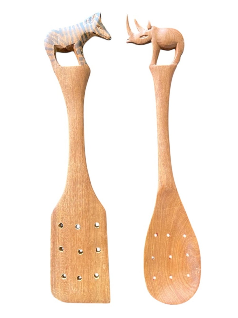 VTG Hand Carved Wooden Zebra Rhino Servers Spoon Fork Set African Kitchen Decor